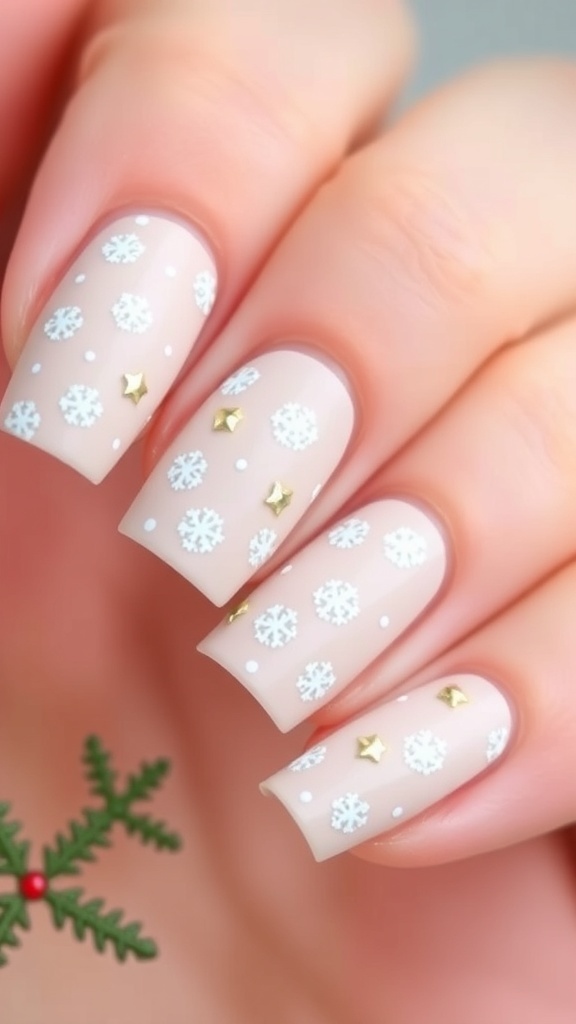Minimalist Christmas nail art with snowflakes and stars on a neutral base.